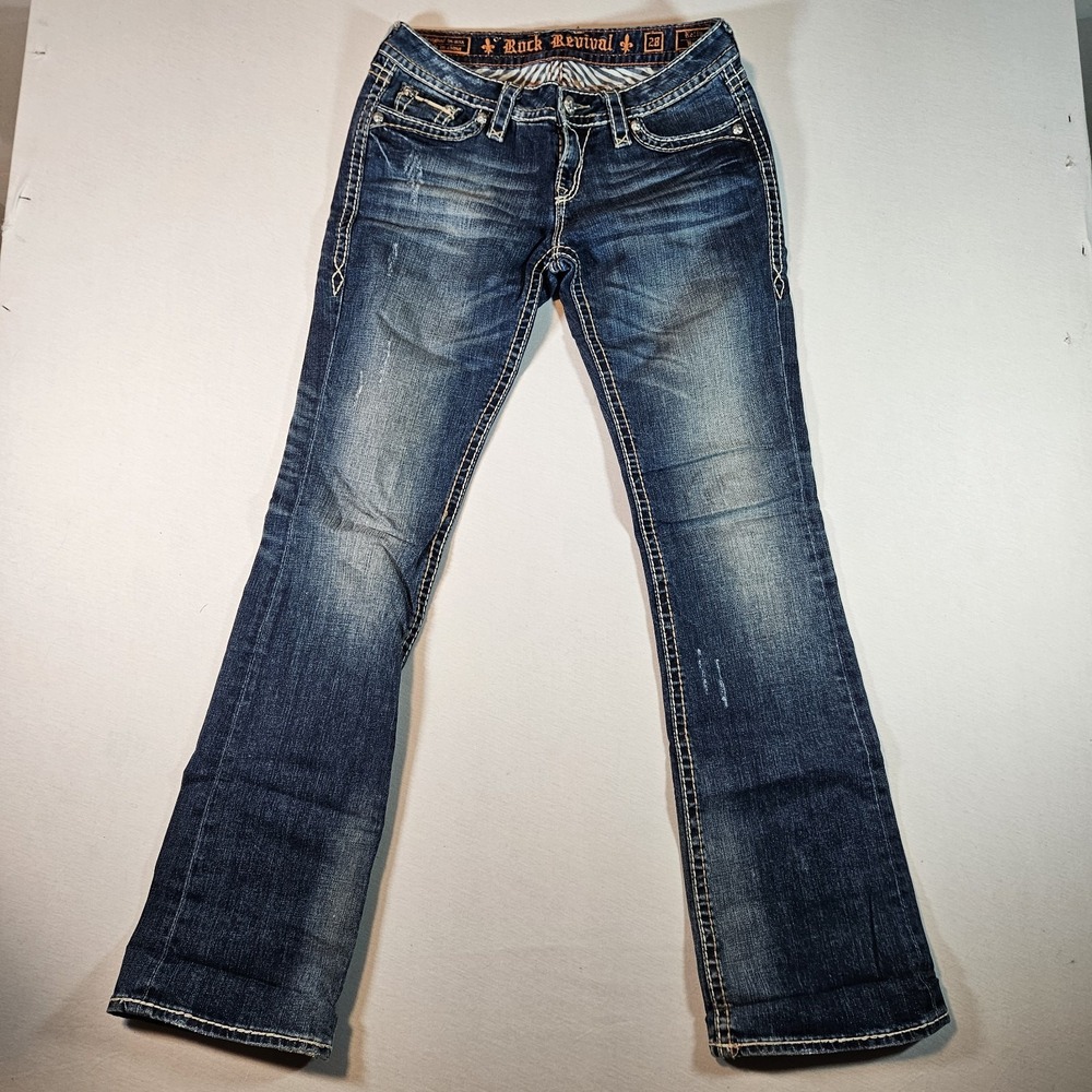 Rock Revival Jeans Kelly Boot 28 Thick Stitch Whiskering Embroidered Pockets - Picture 2 of 8